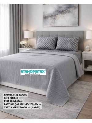 ETEHOMETEX ÇİFT KİŞİLİK %100 PAMUK HAVUZLU PİKE TAKIMI GRİ 8696474232075